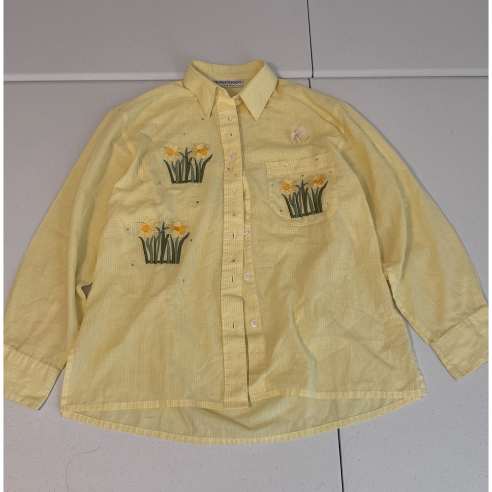 Draper's & Damon's Yellow Gingham Floral Embroidered‎ Button Down Shirt PS cc